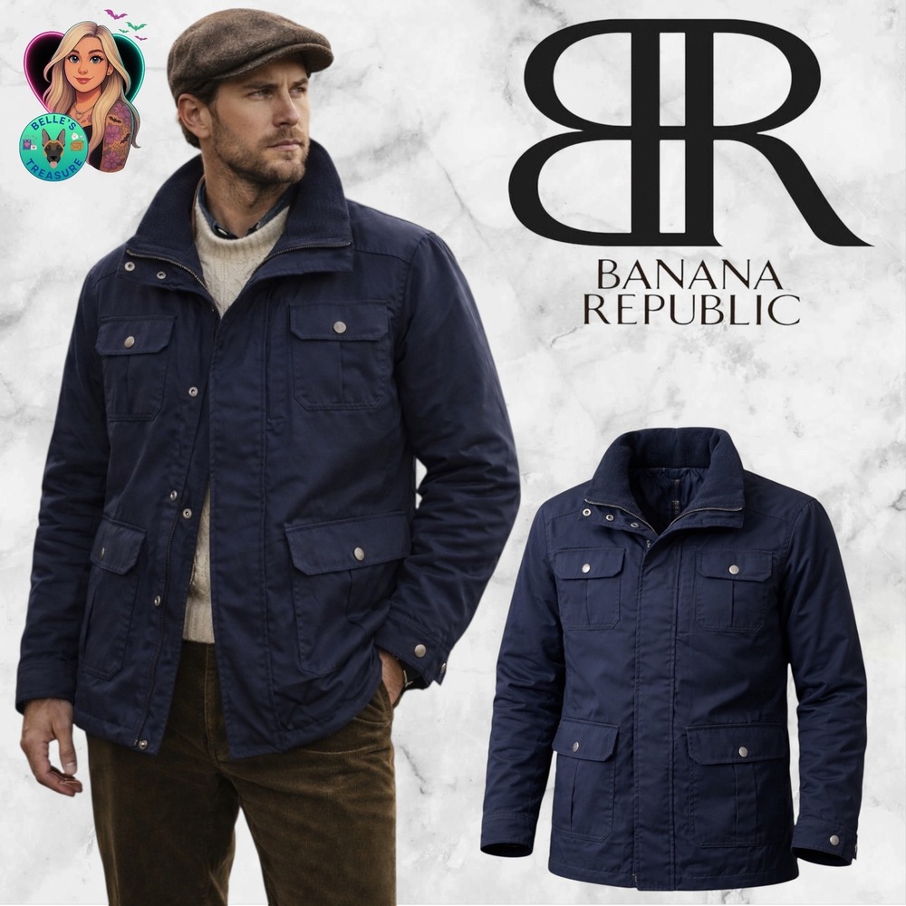 Banana Republic Mens Navy Blue Field Jacket Hidden Hood‎ Large Military Utility